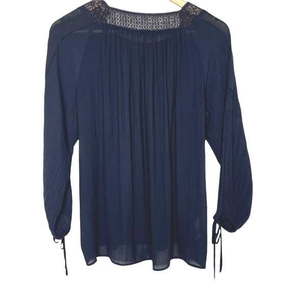 LOFT Navy Blue Blouse Small | Long Sleeve Shirred Peasant Boho Top - Picture 2 of 11